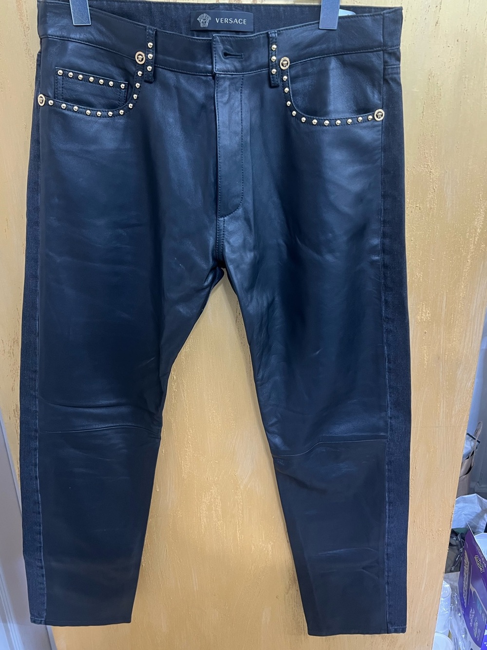 Versace Black Leather and Denim Jeans (Missing Button)